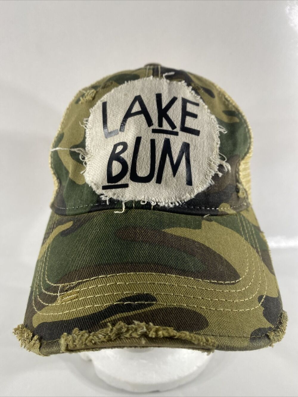 Boho Groove Lake Bum Distressed Camo Trucker Hat Snapback Baseball Cap